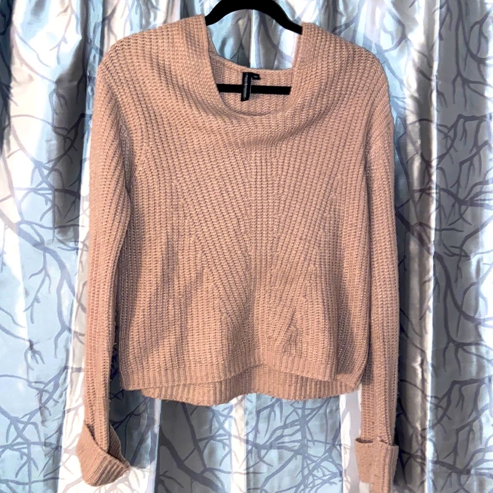 rose knit sweater with hoodie and cuffed sleeves
